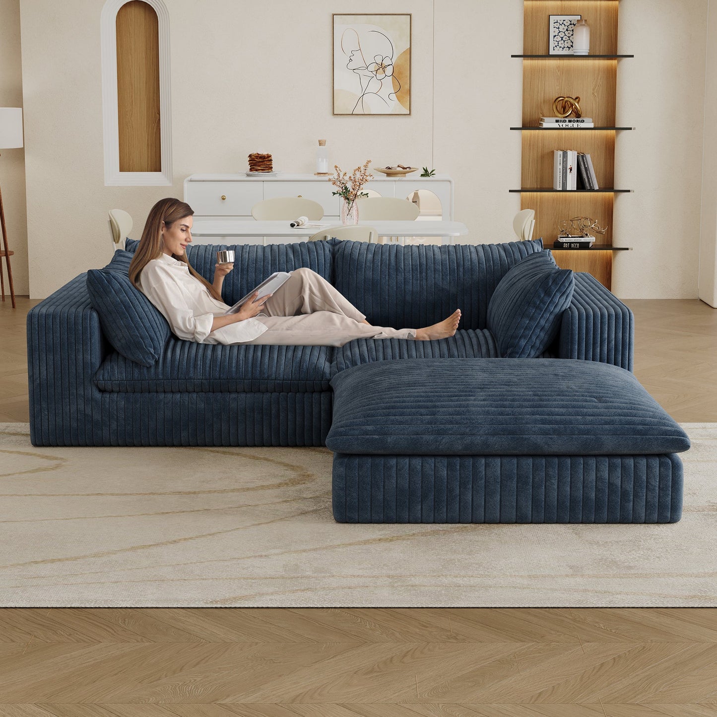 39.8' Cloud Sofa,Corduroy Fabric,Deep Seat Couches,Double - layer design,Removable Cushion,No Assembly, DIY Combination for Living room, Bedroom,Conference room ,Apartment,Blue - 1st Choice Furniture Direct