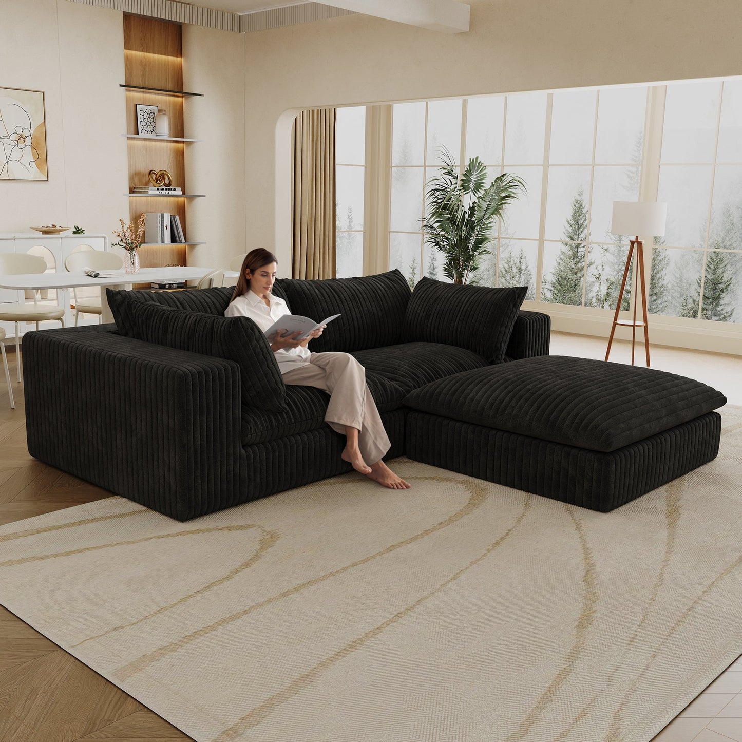 39.8' Cloud Sofa,Corduroy Fabric,Deep Seat Couches,Double - layer design,Removable Cushion,No Assembly, DIY Combination for Living room, Bedroom,Conference room ,Apartment,Black - 1st Choice Furniture Direct