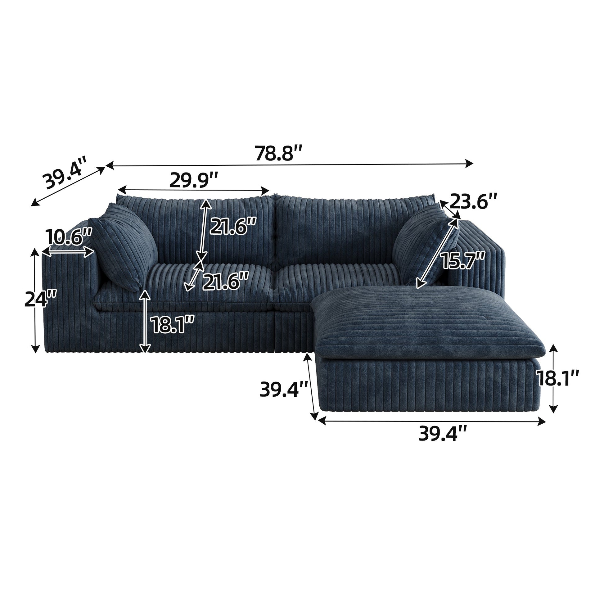 39.8' Cloud Sofa,Corduroy Fabric,Deep Seat Couches,Double - layer design,Removable Cushion,No Assembly, DIY Combination for Living room, Bedroom,Conference room ,Apartment,Blue - 1st Choice Furniture Direct