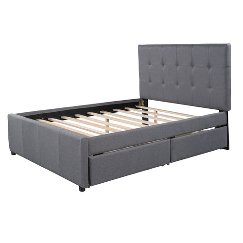 1st Choice Linen Upholstered Full Platform Bed With Headboard and Two Drawers
