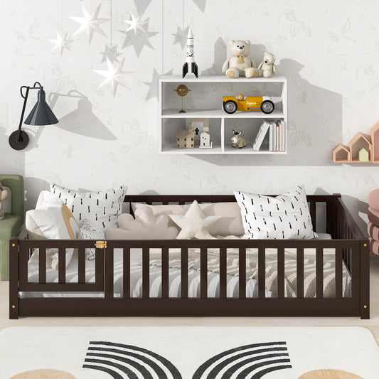 Twin Size Floor Bed with Fence and Door,Rubber Wood Floor Bed with Safety Guardrails,Espresso