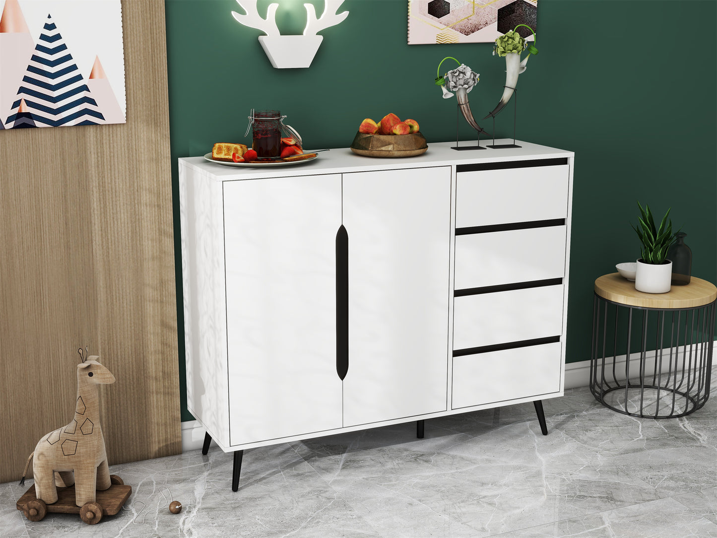 1st Choice Modern White Side Cabinet with Four Drawers and Two Doors