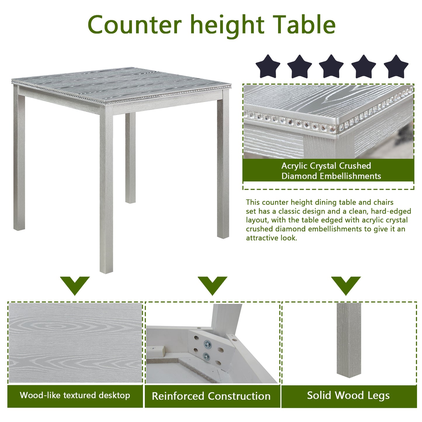 5 Piece Counter Height Table Set, Wooden Kitchen Table Set with Square Table and 4 Upholstered Chairs, Counter Height Dining Table with Crystal Decoration and Chair Set for Kitchen, Dining Room,Gray