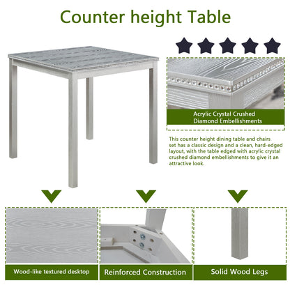 5 Piece Counter Height Table Set, Wooden Kitchen Table Set with Square Table and 4 Upholstered Chairs, Counter Height Dining Table with Crystal Decoration and Chair Set for Kitchen, Dining Room,Gray