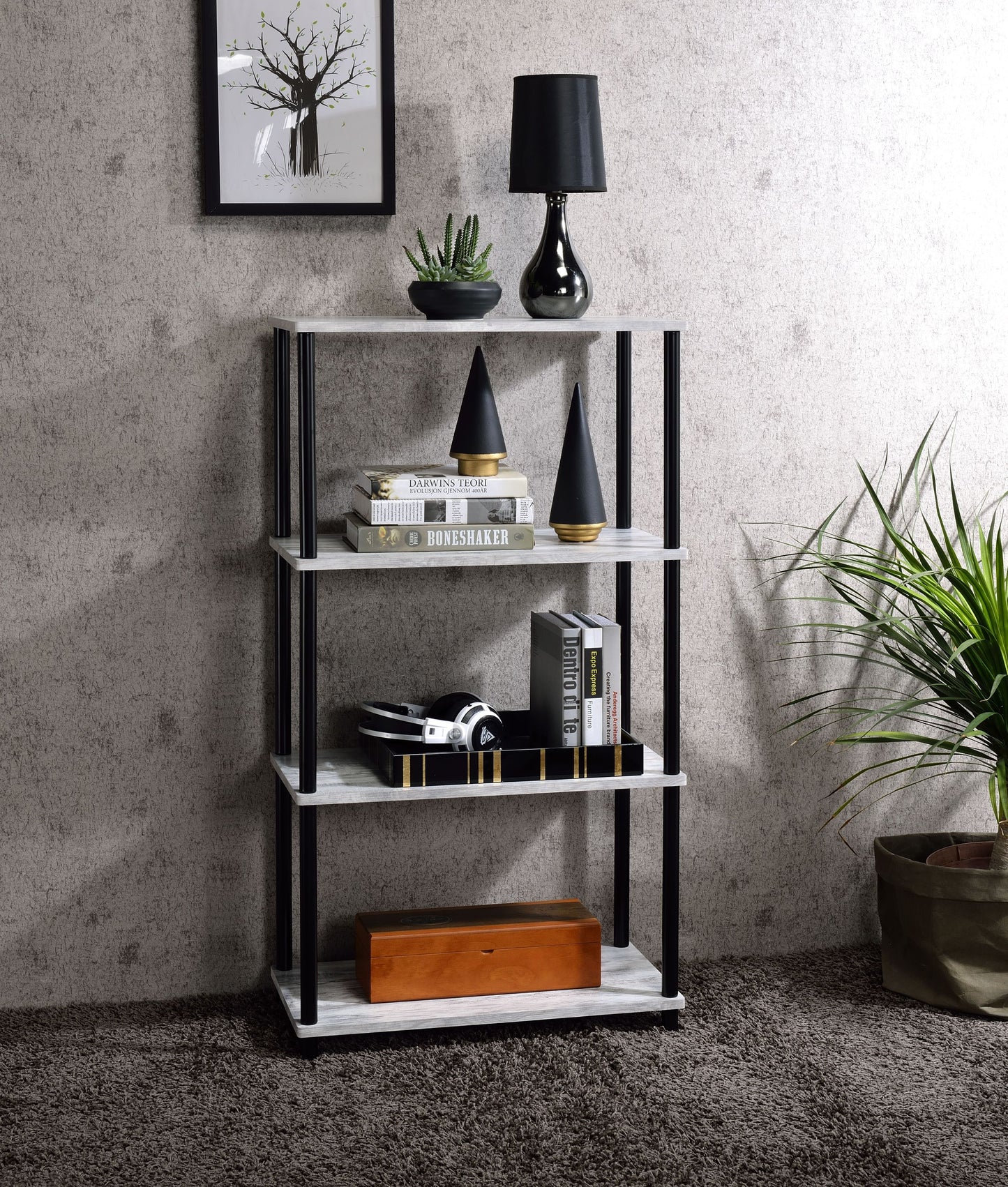 Industrial 4 Shelf Bookcase | Antique White Metal Bookshelf