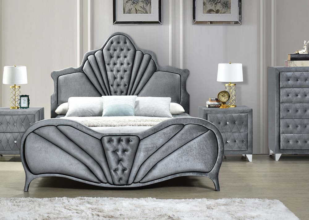 Gray Velvet Panel Bed | Tufted Upholstered Platform Bed