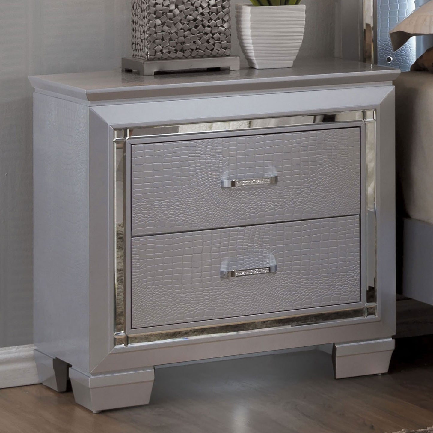 Silver Mirrored LED Nightstand with Crocodile Texture and 2 Drawers