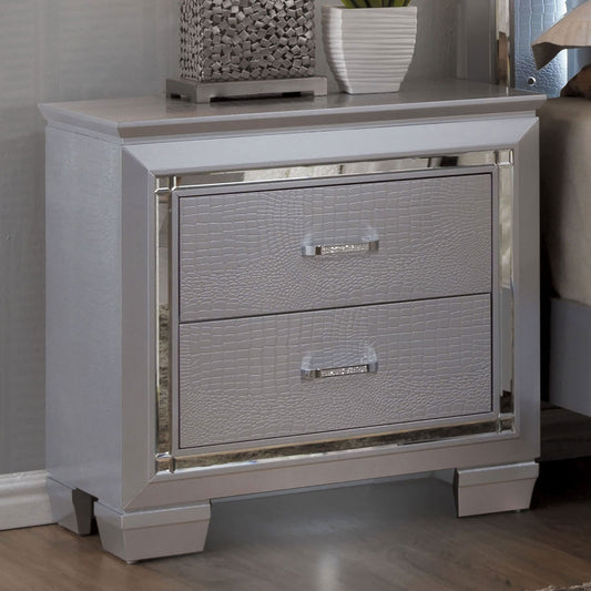 Silver Mirrored LED Nightstand with Crocodile Texture and 2 Drawers