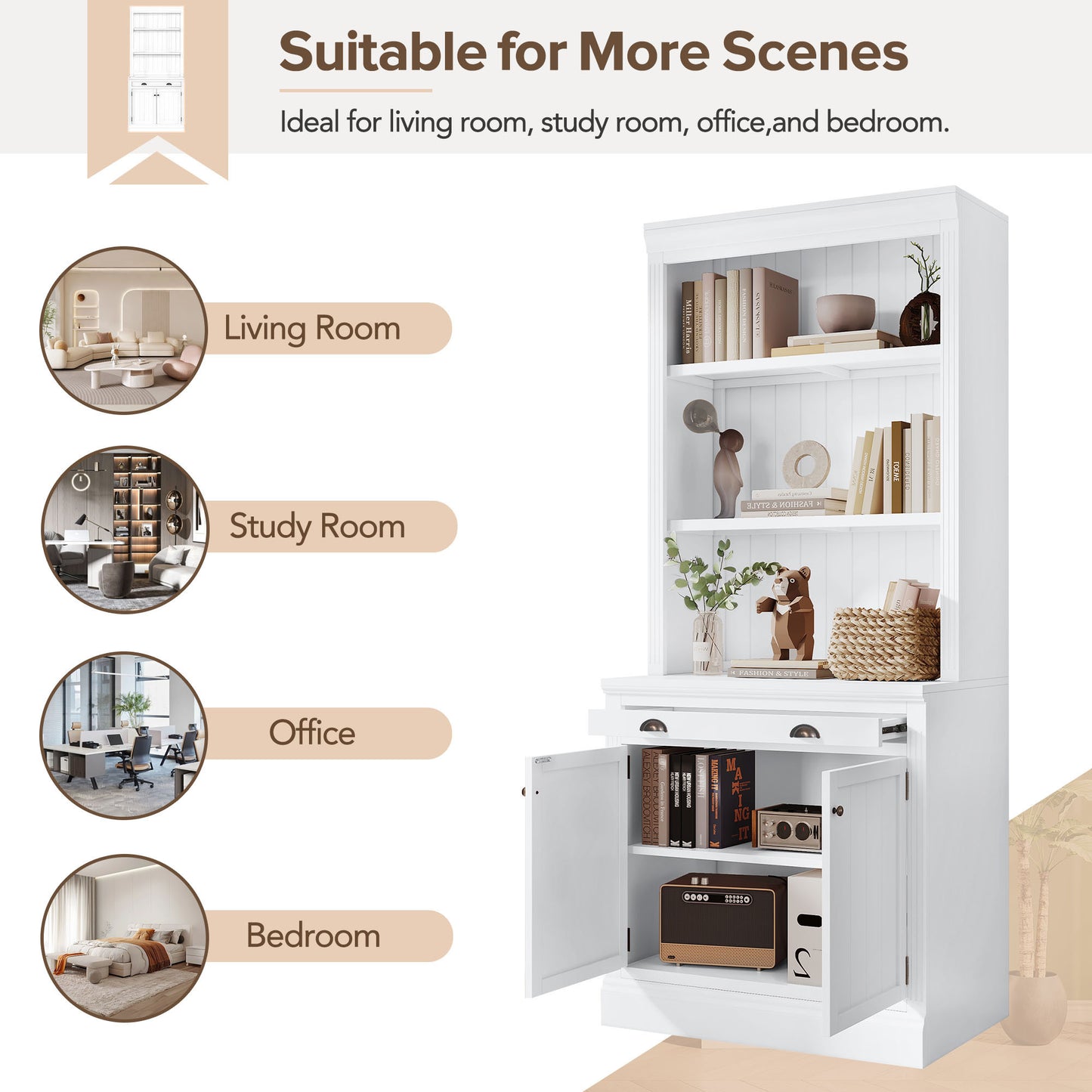 1st Choice Elegant 3-Piece Bookcase and Writing Desk Set in pristine white