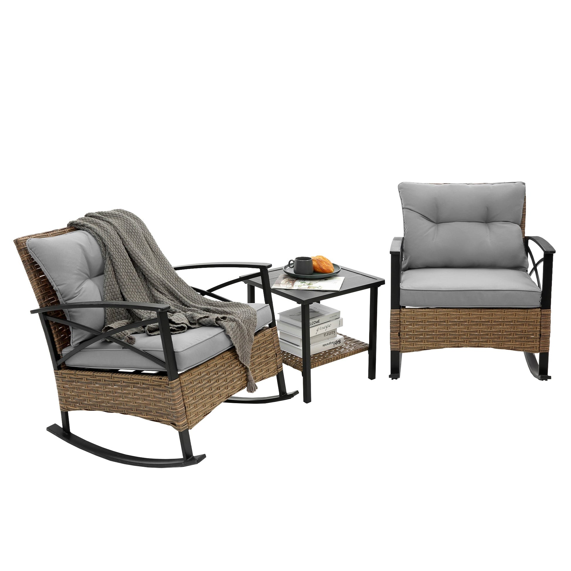 3pcs rocking rattan set wholesale leisure chair outdoor rattan rocking chair set grey - 1st Choice Furniture Direct