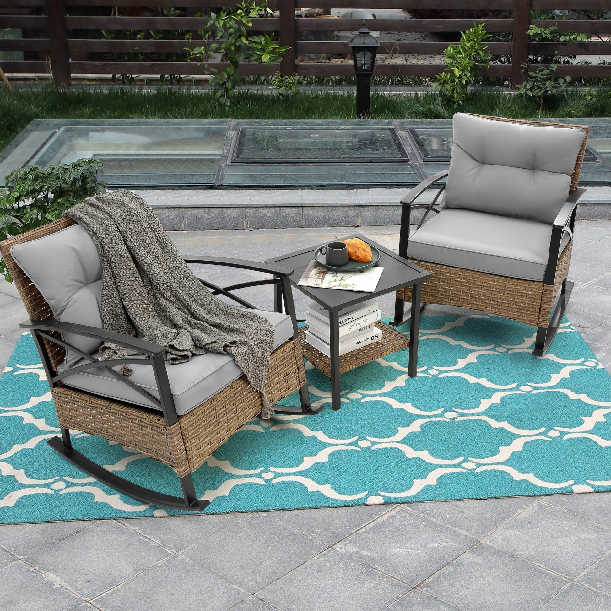 3pcs rocking rattan set wholesale leisure chair outdoor rattan rocking chair set grey - 1st Choice Furniture Direct