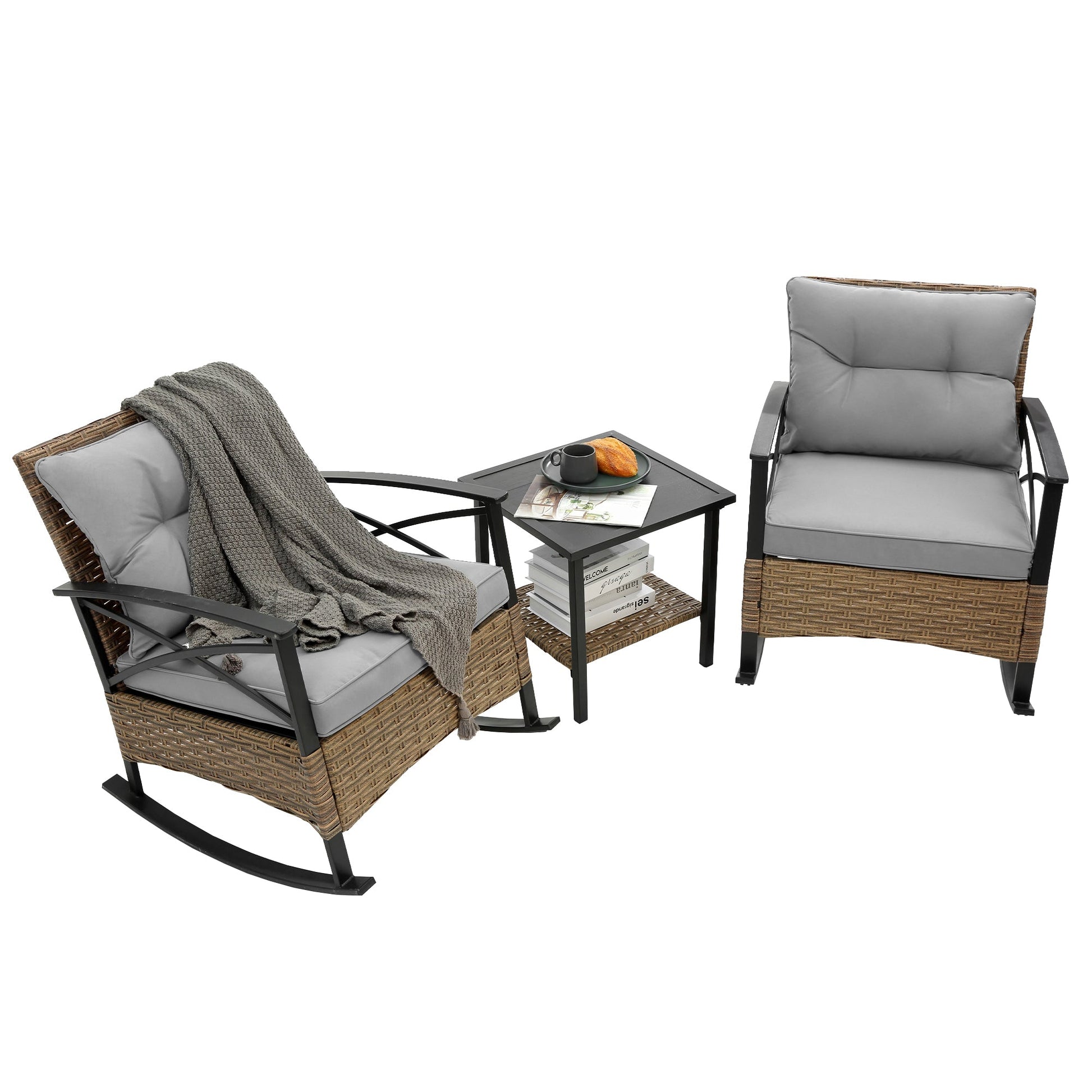 3pcs rocking rattan set wholesale leisure chair outdoor rattan rocking chair set grey - 1st Choice Furniture Direct