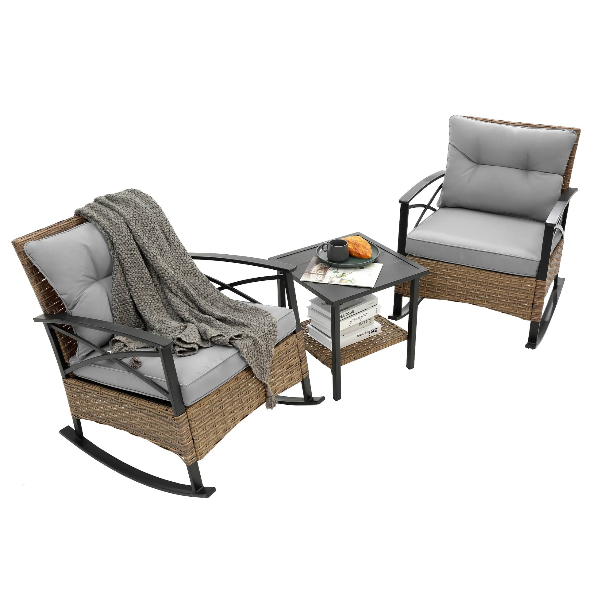 3pcs rocking rattan set wholesale leisure chair outdoor rattan rocking chair set grey - 1st Choice Furniture Direct