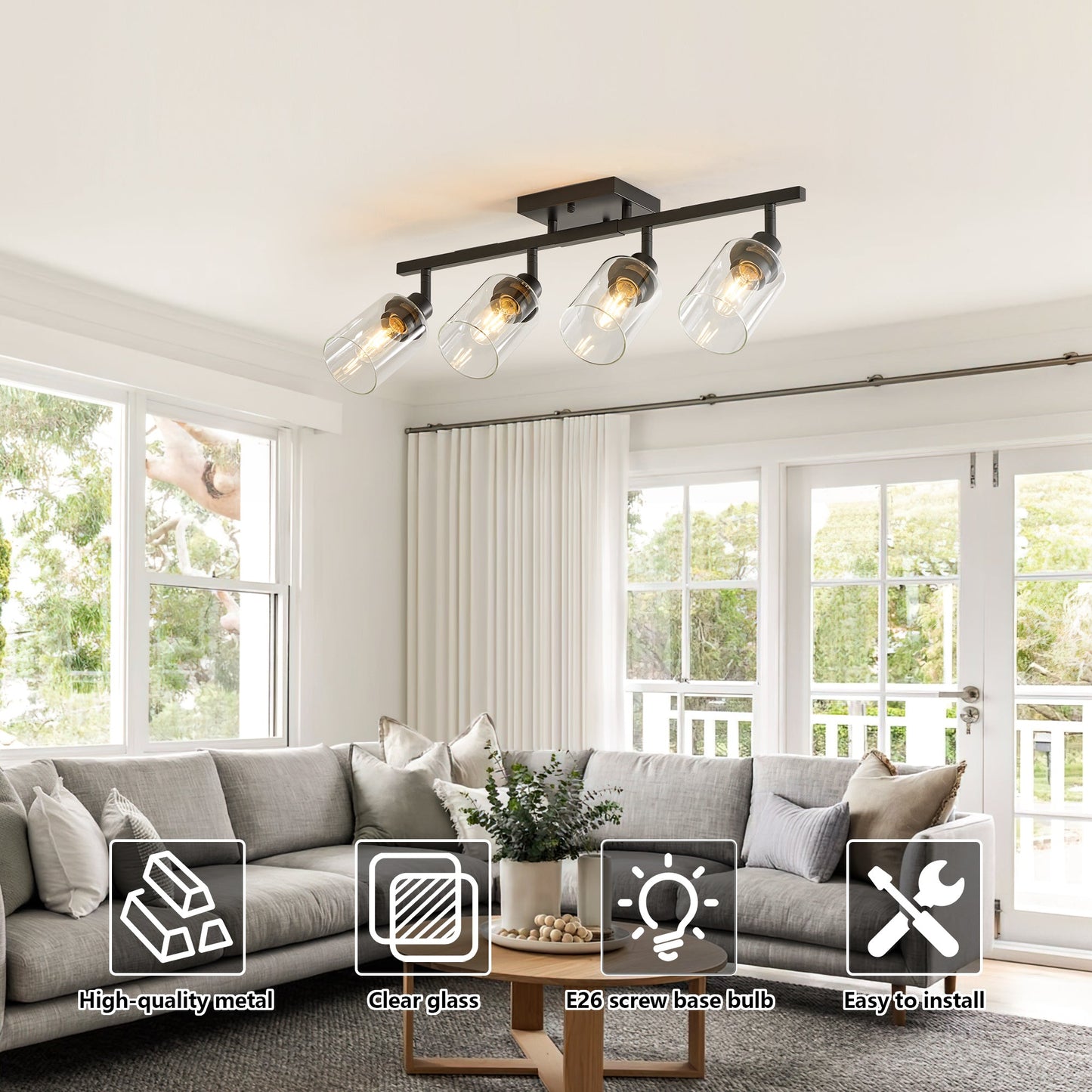 4 - Lights Track Lighting Fixtures Ceiling with Clear Glass Shades, Modern Black Semi Flush Mount Ceiling Light, Rotatable Wall Mount Ceiling Lamp for Kitchen Hallway Bedroom(Bulb Not Included) - 1st Choice Furniture Direct