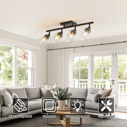 4 - Lights Track Lighting Fixtures Ceiling with Clear Glass Shades, Modern Black Semi Flush Mount Ceiling Light, Rotatable Wall Mount Ceiling Lamp for Kitchen Hallway Bedroom(Bulb Not Included) - 1st Choice Furniture Direct
