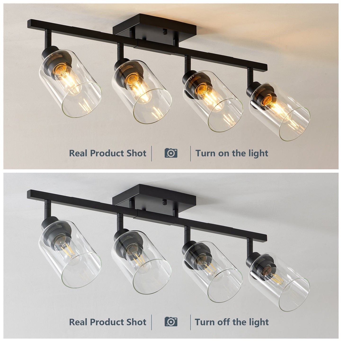 4 - Lights Track Lighting Fixtures Ceiling with Clear Glass Shades, Modern Black Semi Flush Mount Ceiling Light, Rotatable Wall Mount Ceiling Lamp for Kitchen Hallway Bedroom(Bulb Not Included) - 1st Choice Furniture Direct