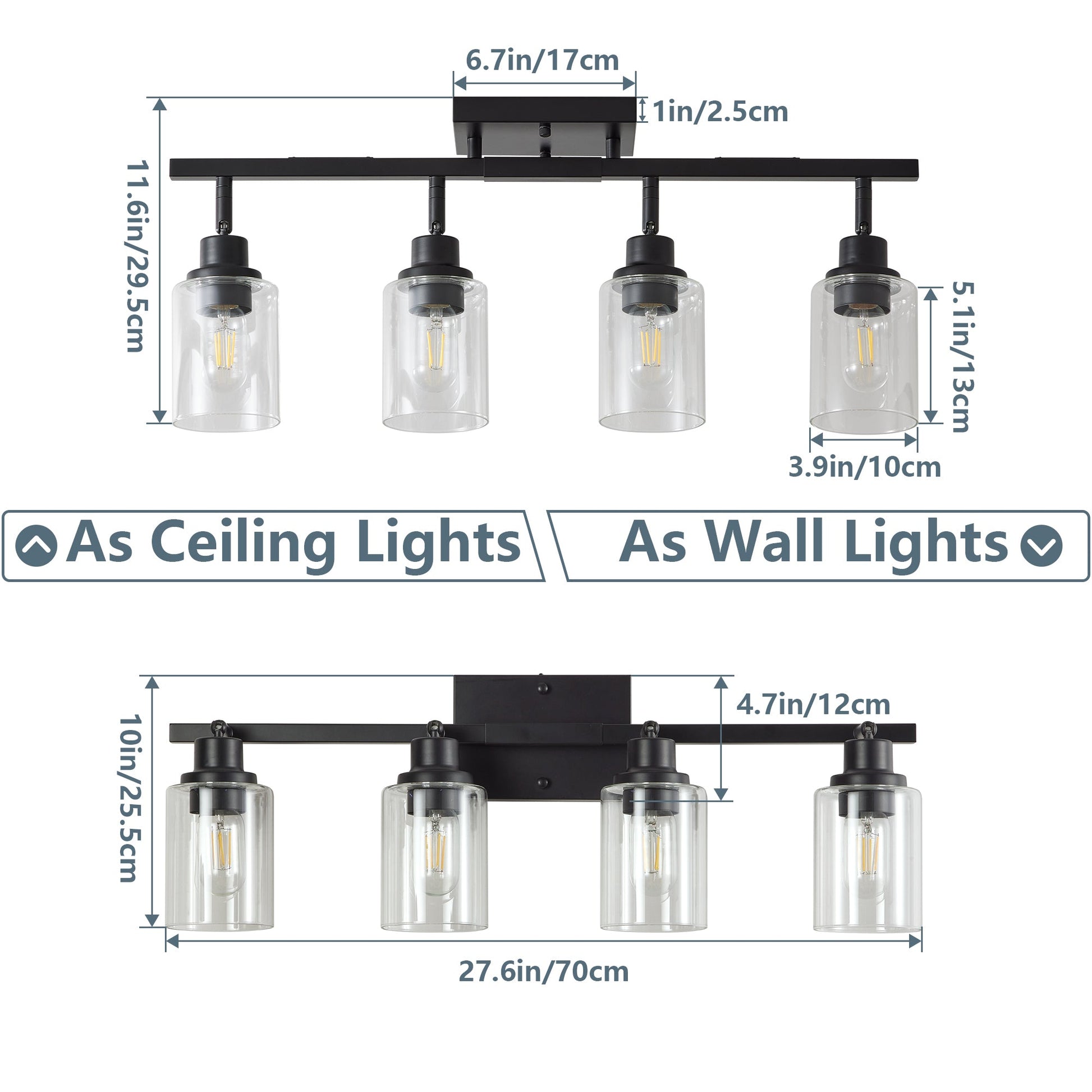 4 - Lights Track Lighting Fixtures Ceiling with Clear Glass Shades, Modern Black Semi Flush Mount Ceiling Light, Rotatable Wall Mount Ceiling Lamp for Kitchen Hallway Bedroom(Bulb Not Included) - 1st Choice Furniture Direct