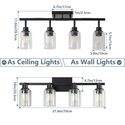 4 - Lights Track Lighting Fixtures Ceiling with Clear Glass Shades, Modern Black Semi Flush Mount Ceiling Light, Rotatable Wall Mount Ceiling Lamp for Kitchen Hallway Bedroom(Bulb Not Included) - 1st Choice Furniture Direct