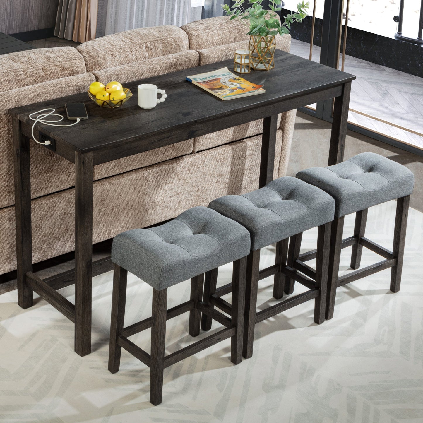 4 Piece Bar Table Set with Power Outlet, Bar Table Set with Chairs, Sofa Bar Table with Stools, Behind Couch Table with 3 Padded Stools, for Living Room, Dining room, Dark Gray - 1st Choice Furniture Direct