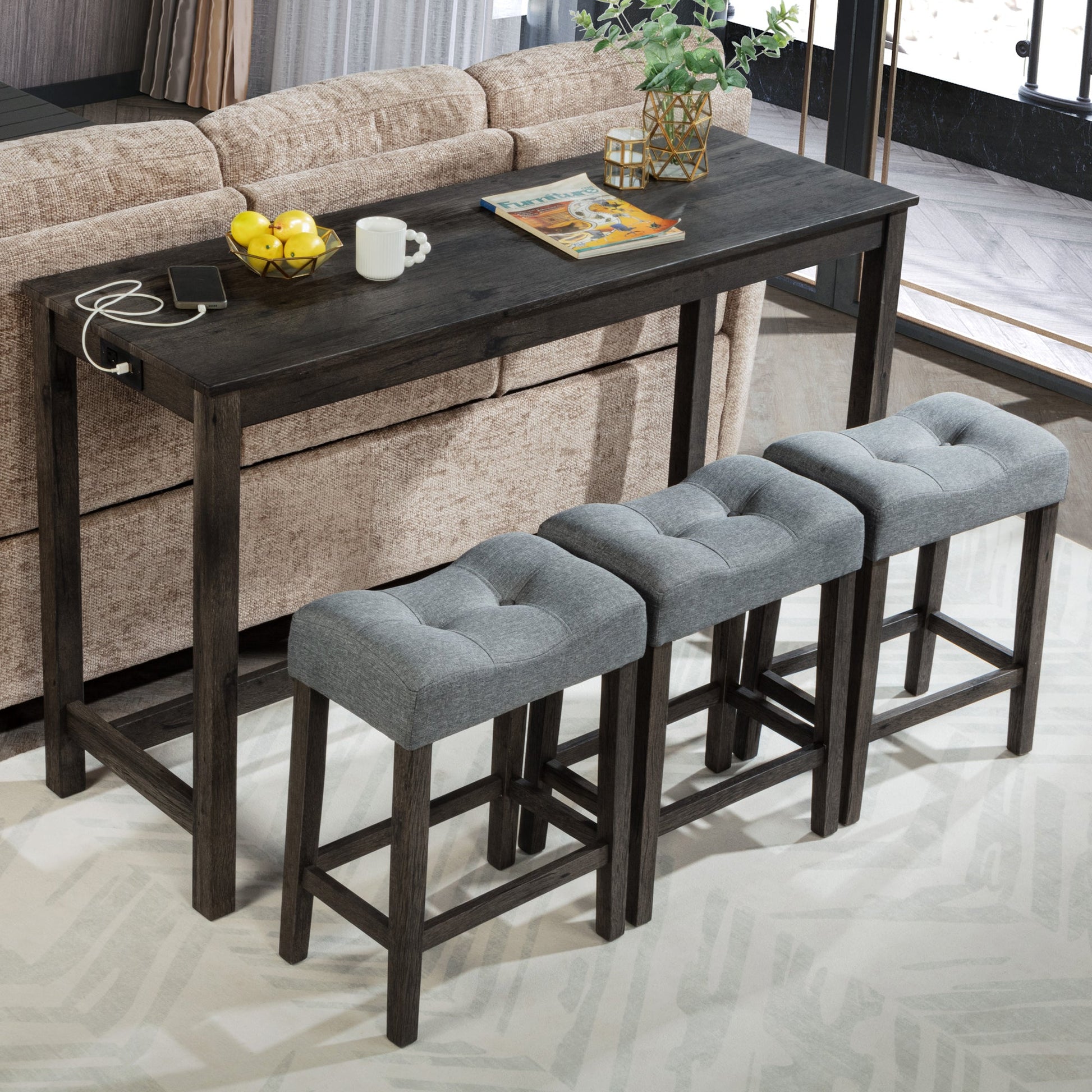 4 Piece Bar Table Set with Power Outlet, Bar Table Set with Chairs, Sofa Bar Table with Stools, Behind Couch Table with 3 Padded Stools, for Living Room, Dining room, Dark Gray - 1st Choice Furniture Direct