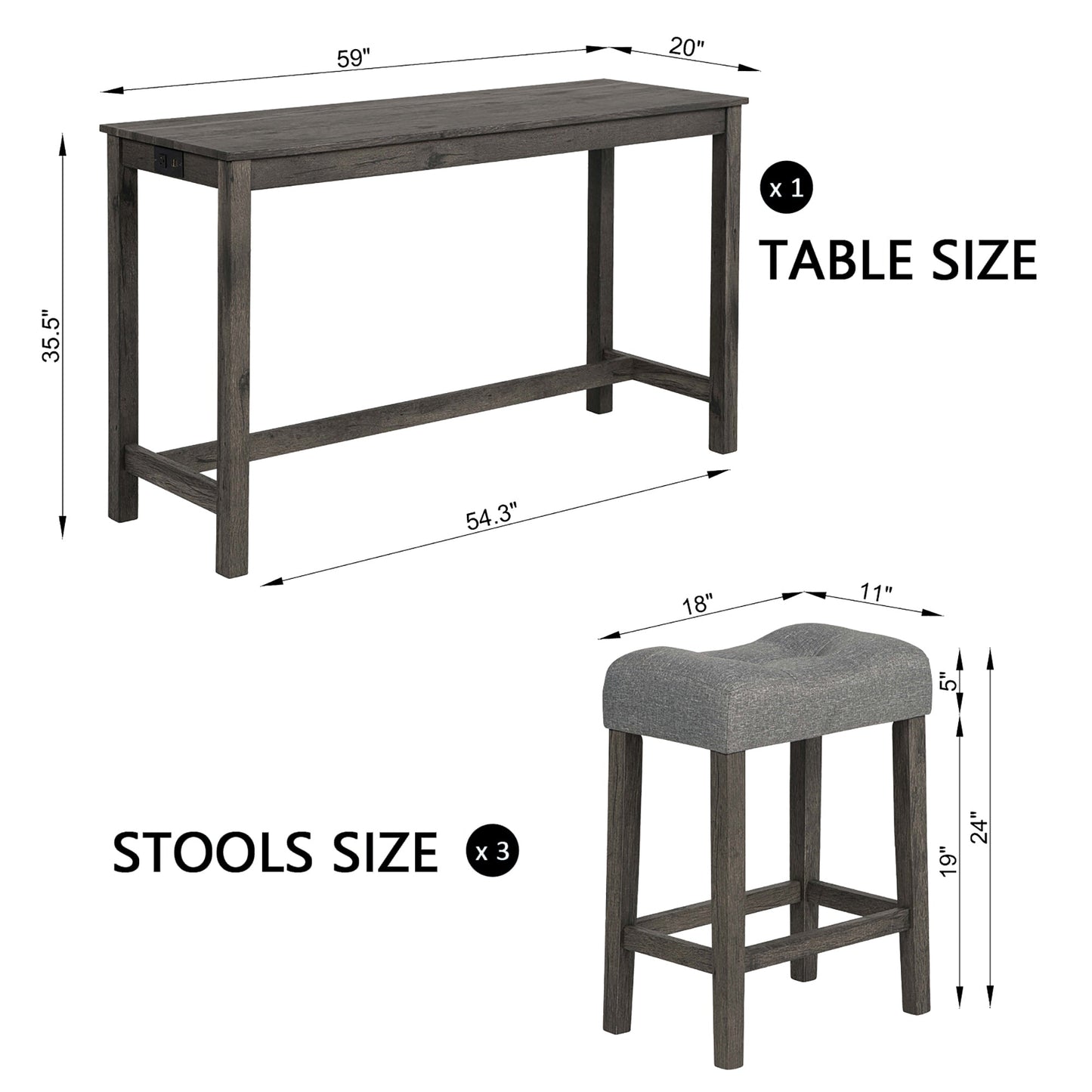 4 Piece Bar Table Set with Power Outlet, Bar Table Set with Chairs, Sofa Bar Table with Stools, Behind Couch Table with 3 Padded Stools, for Living Room, Dining room, Dark Gray - 1st Choice Furniture Direct