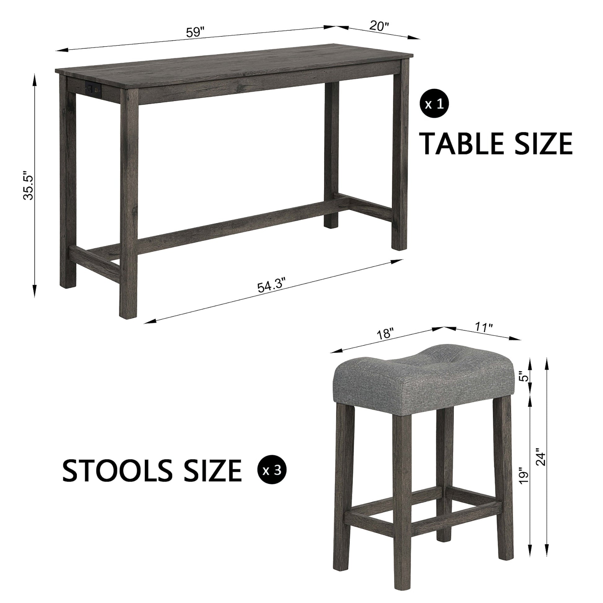 4 Piece Bar Table Set with Power Outlet, Bar Table Set with Chairs, Sofa Bar Table with Stools, Behind Couch Table with 3 Padded Stools, for Living Room, Dining room, Dark Gray - 1st Choice Furniture Direct