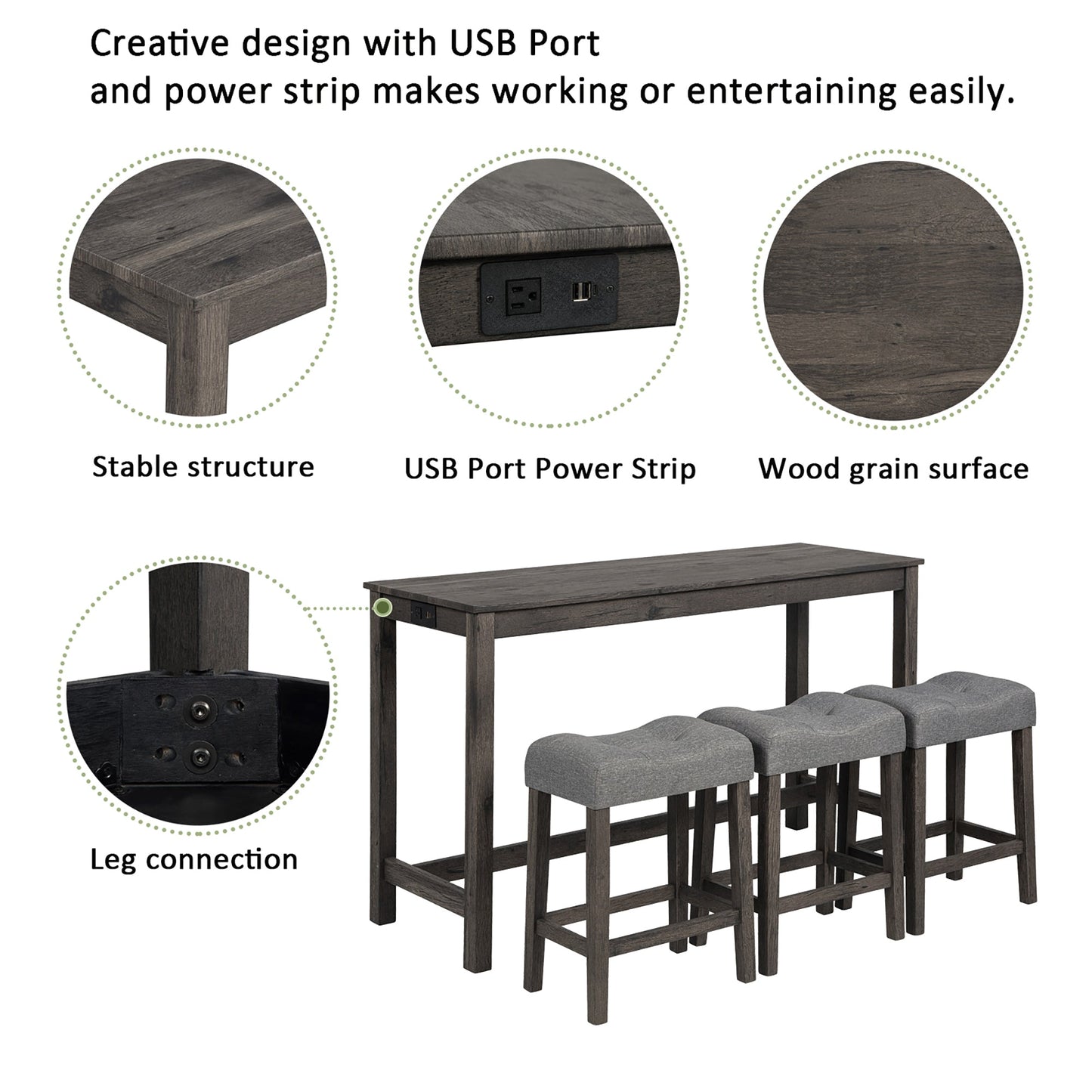 4 Piece Bar Table Set with Power Outlet, Bar Table Set with Chairs, Sofa Bar Table with Stools, Behind Couch Table with 3 Padded Stools, for Living Room, Dining room, Dark Gray - 1st Choice Furniture Direct