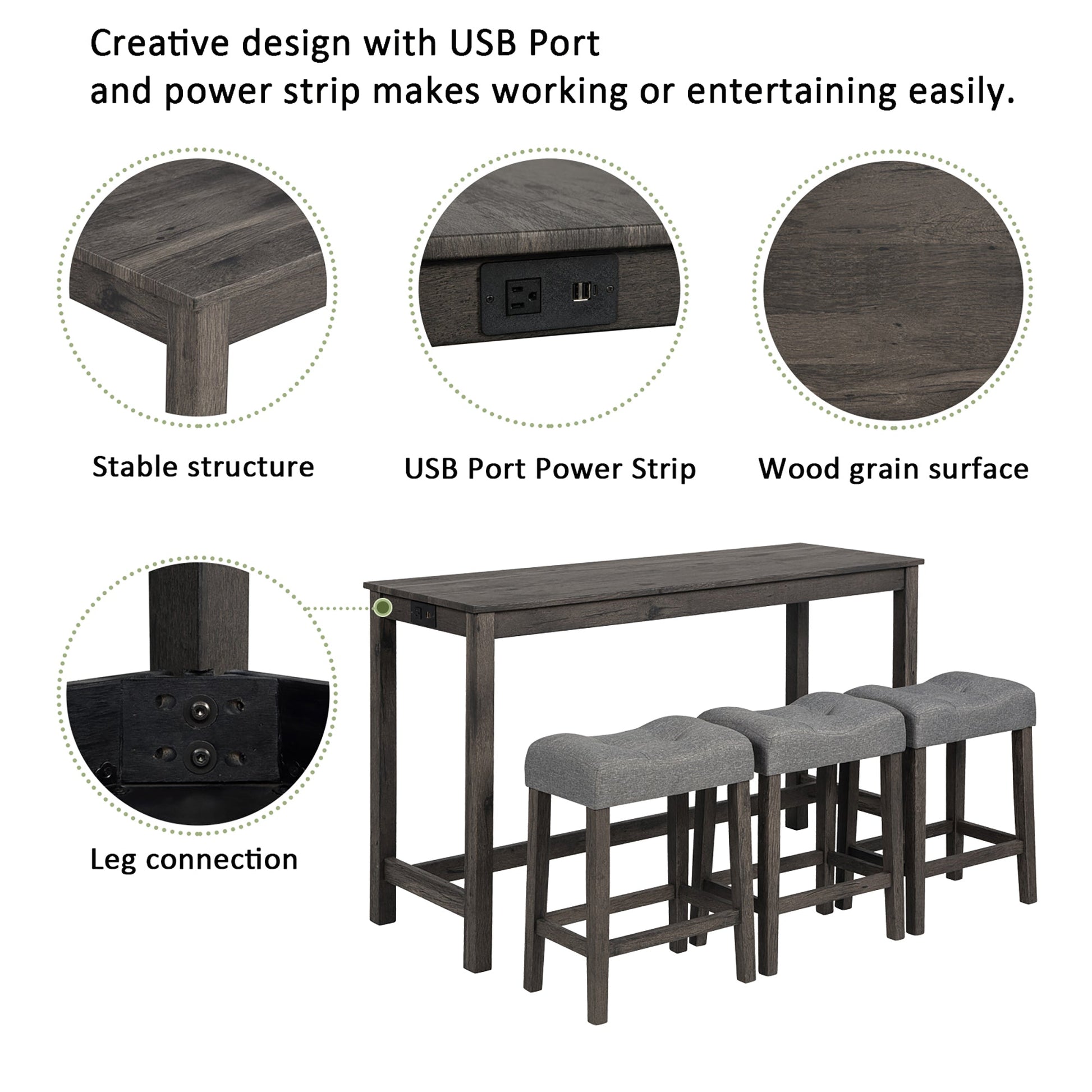 4 Piece Bar Table Set with Power Outlet, Bar Table Set with Chairs, Sofa Bar Table with Stools, Behind Couch Table with 3 Padded Stools, for Living Room, Dining room, Dark Gray - 1st Choice Furniture Direct