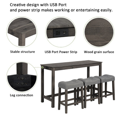 4 Piece Bar Table Set with Power Outlet, Bar Table Set with Chairs, Sofa Bar Table with Stools, Behind Couch Table with 3 Padded Stools, for Living Room, Dining room, Dark Gray - 1st Choice Furniture Direct