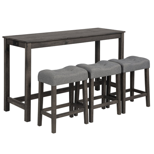 4 Piece Bar Table Set with Power Outlet, Bar Table Set with Chairs, Sofa Bar Table with Stools, Behind Couch Table with 3 Padded Stools, for Living Room, Dining room, Dark Gray - 1st Choice Furniture Direct