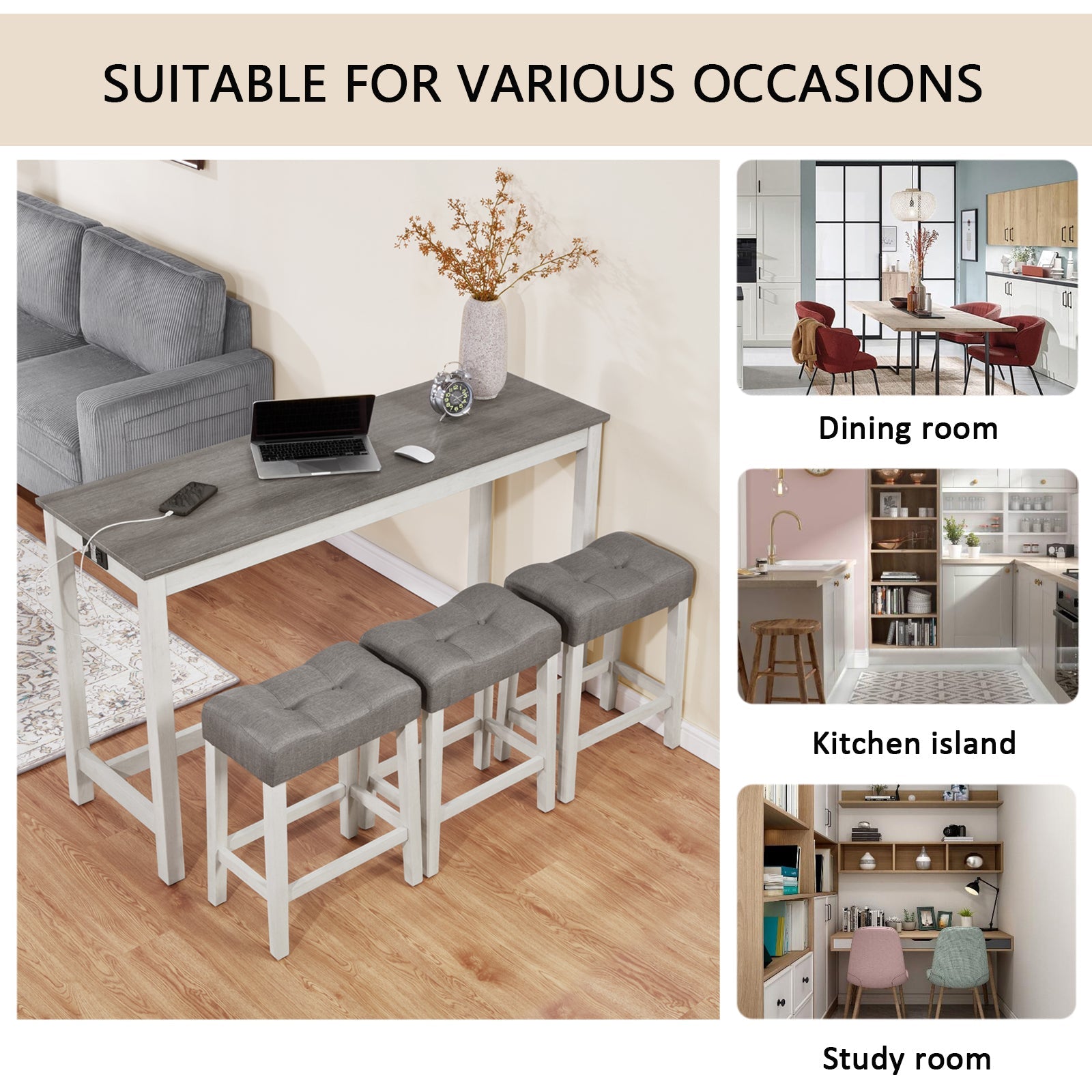 4 - Piece Bar Table Set with Power Outlet | Behind Couch Table & 3 Stools (White & Grey) - 1st Choice Furniture Direct