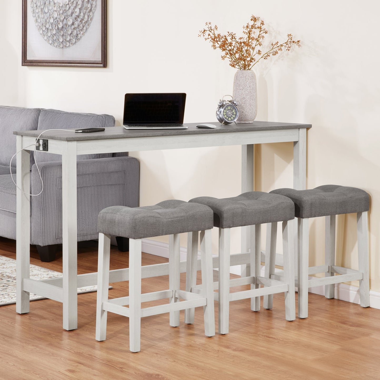 4 - Piece Bar Table Set with Power Outlet | Behind Couch Table & 3 Stools (White & Grey) - 1st Choice Furniture Direct