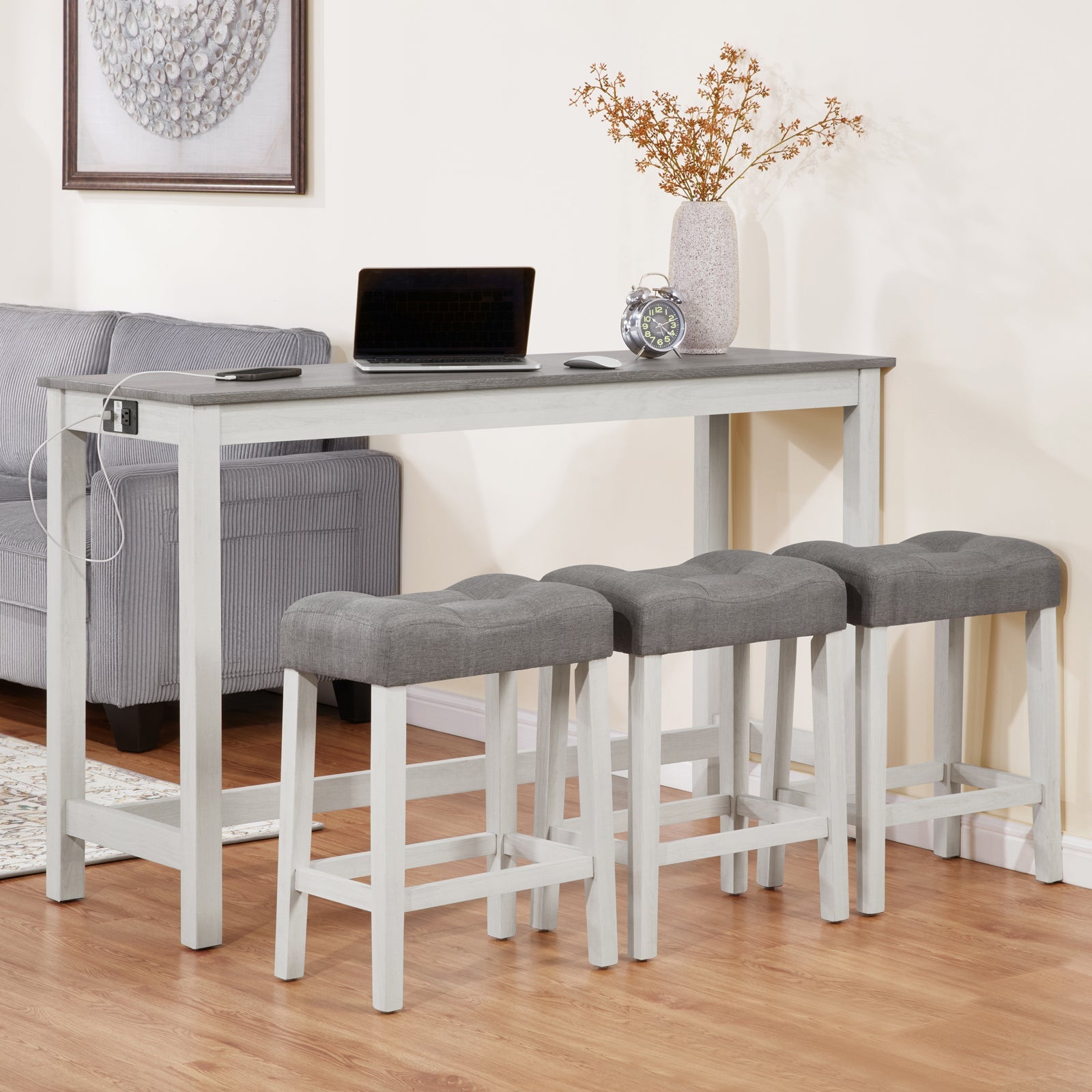 4 - Piece Bar Table Set with Power Outlet | Behind Couch Table & 3 Stools (White & Grey) - 1st Choice Furniture Direct