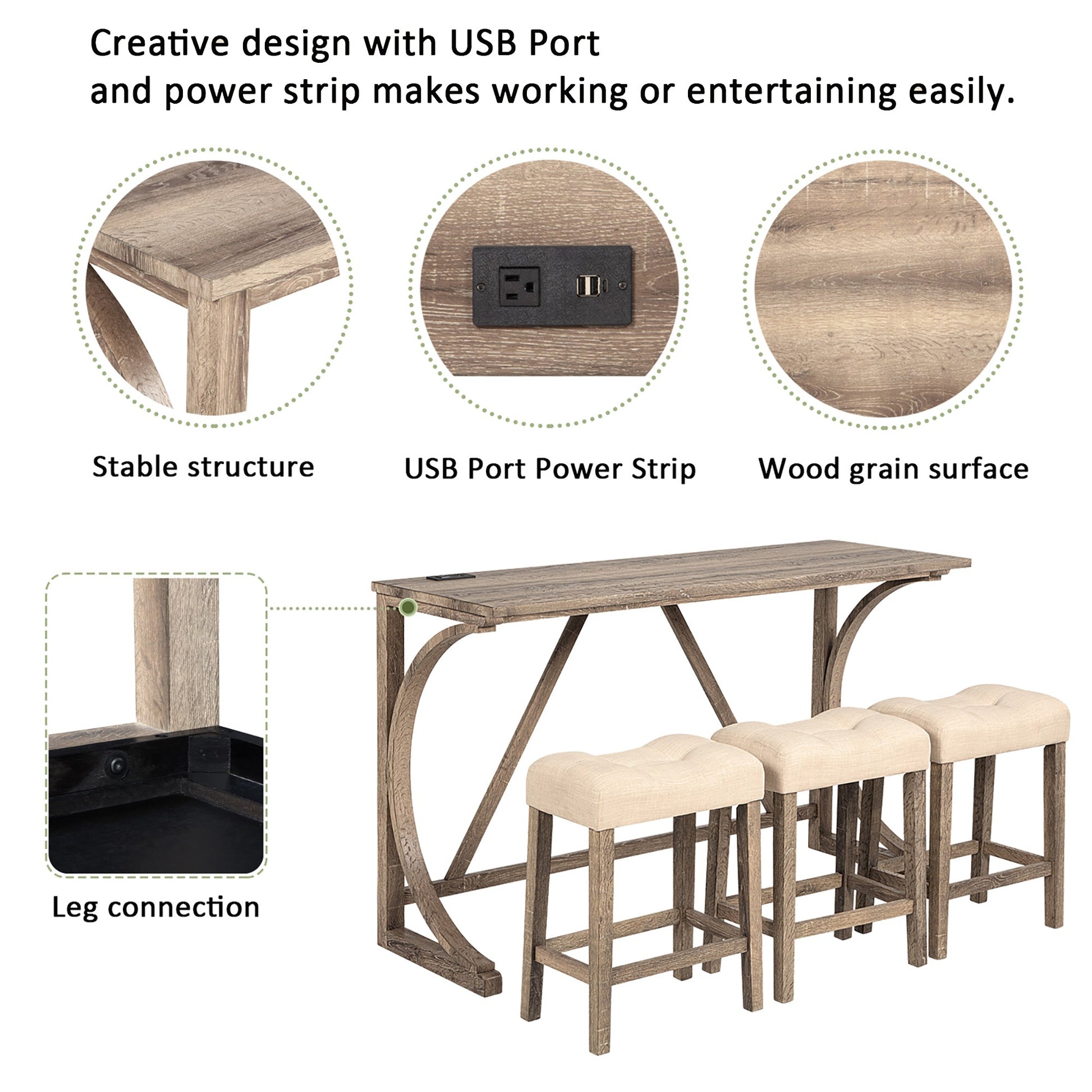 4 - Piece Bar Table Set with Power Outlet, Dining Bar Table and Chairs Set, Bar Table Set with 3 Padded Stools for Living Room, Dining Room, Game Room, Brown - 1st Choice Furniture Direct