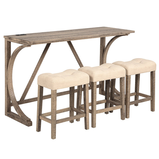 4 - Piece Bar Table Set with Power Outlet, Dining Bar Table and Chairs Set, Bar Table Set with 3 Padded Stools for Living Room, Dining Room, Game Room, Brown - 1st Choice Furniture Direct