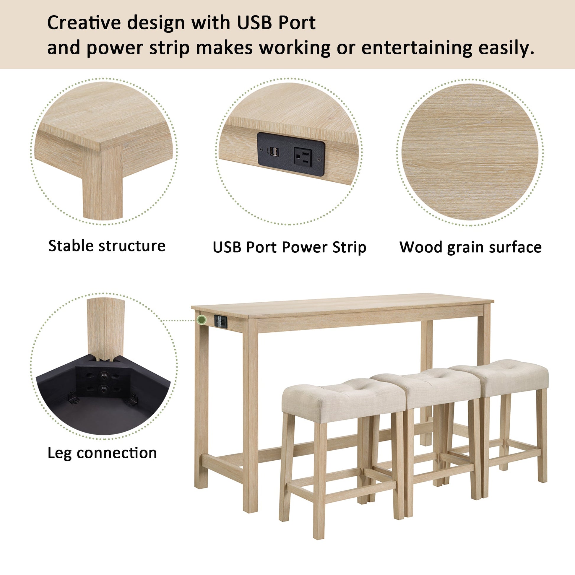 4 - Piece Bar Table Set with Power Outlet | Light Oak Sofa Table with 3 Stools - 1st Choice Furniture Direct