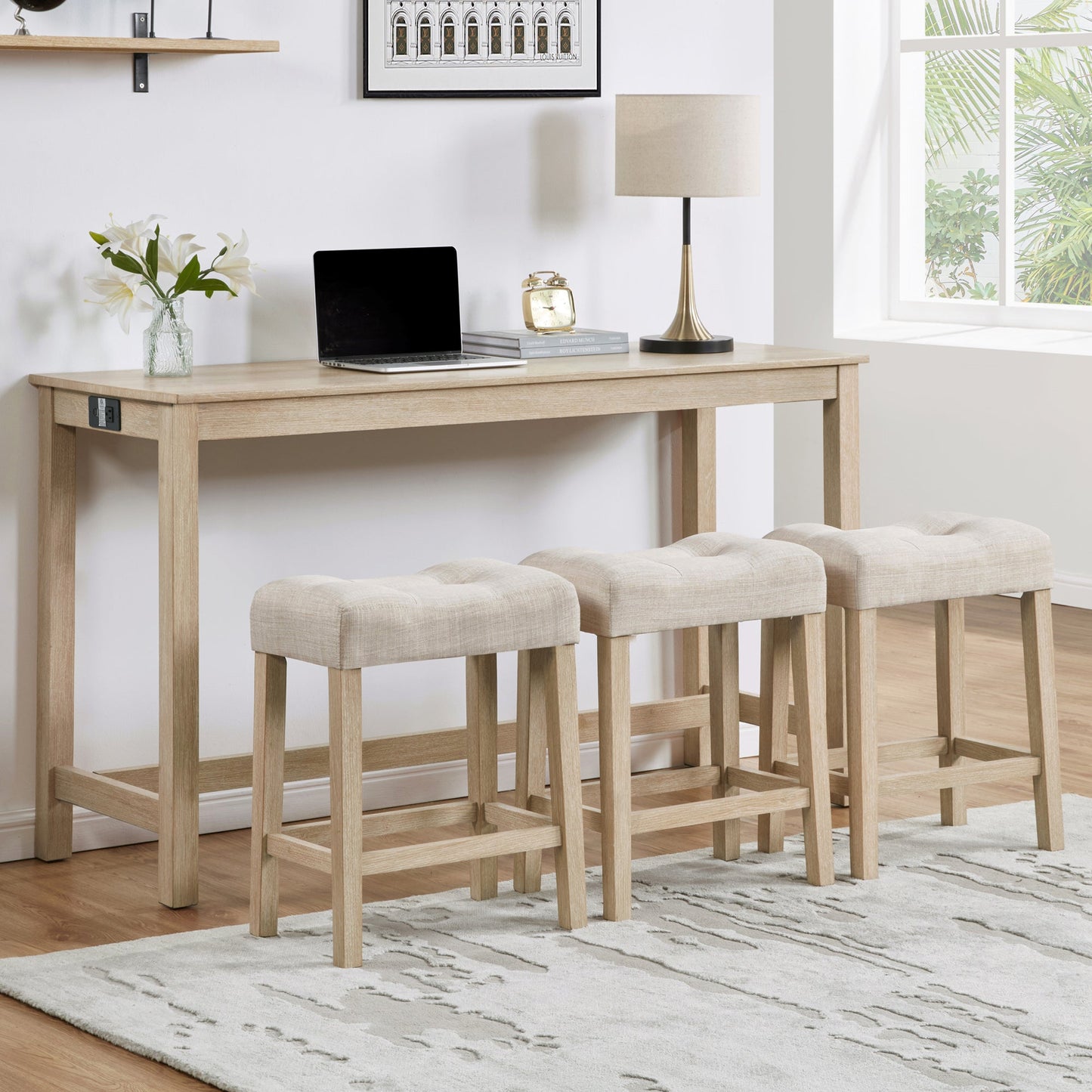 4 - Piece Bar Table Set with Power Outlet | Light Oak Sofa Table with 3 Stools - 1st Choice Furniture Direct