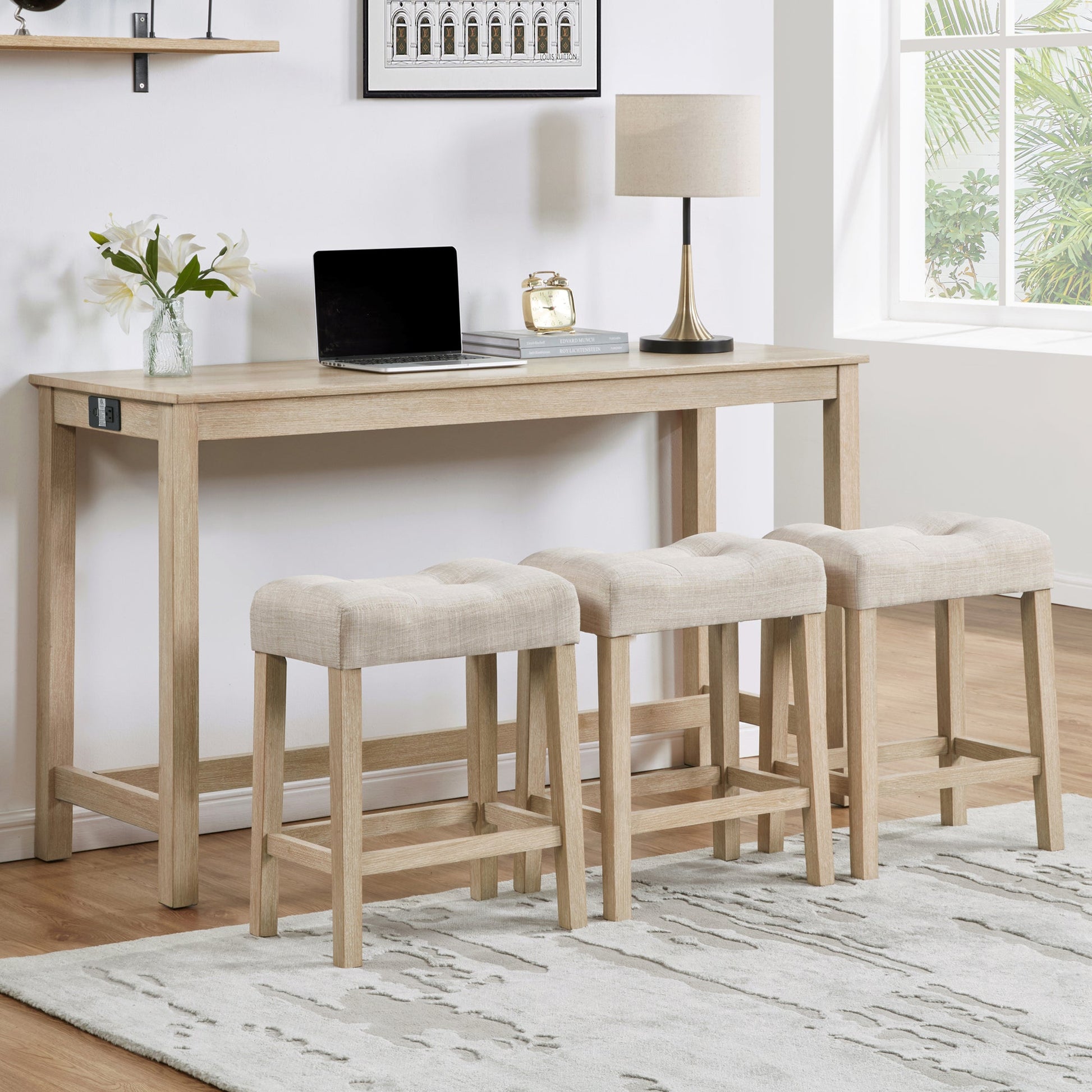 4 - Piece Bar Table Set with Power Outlet | Light Oak Sofa Table with 3 Stools - 1st Choice Furniture Direct