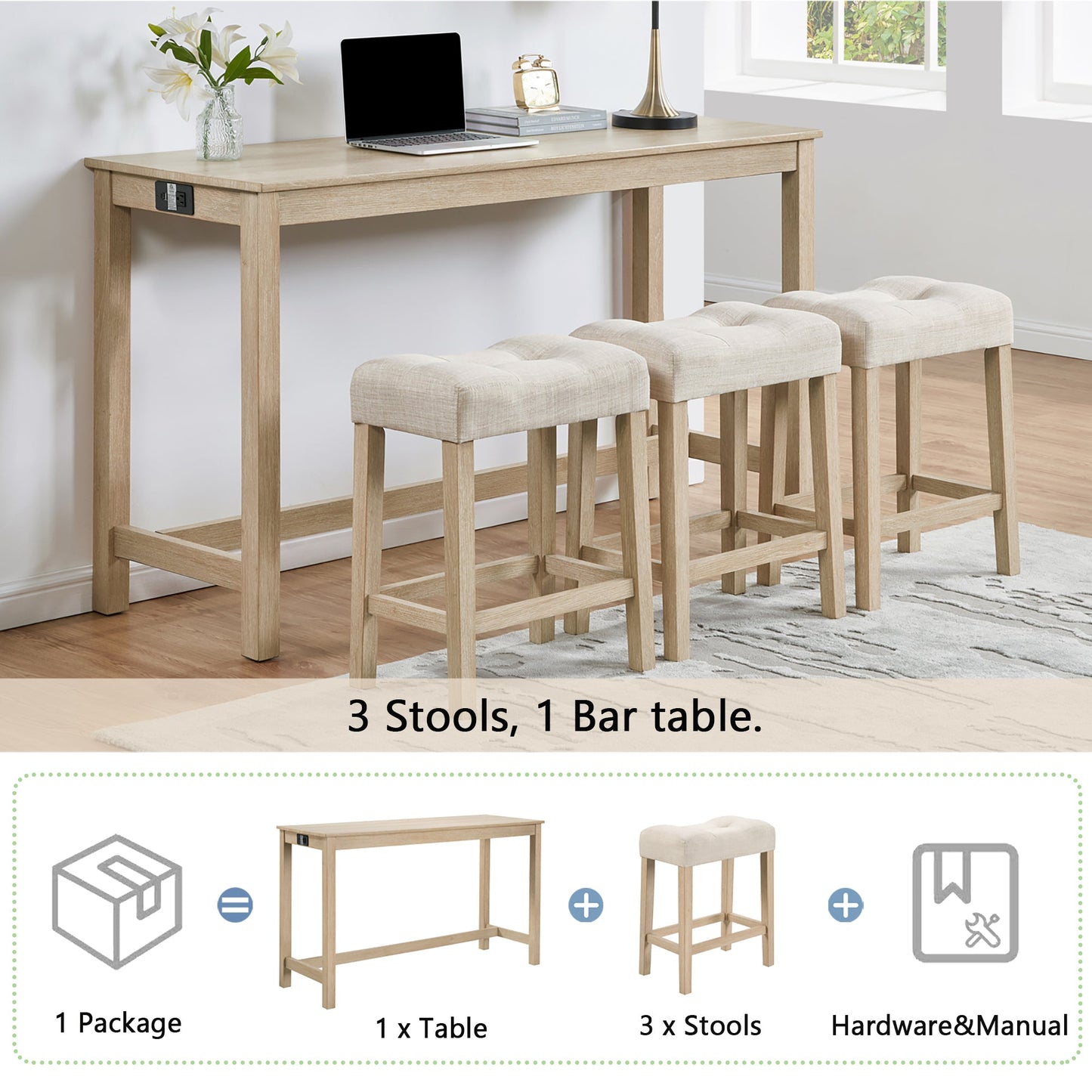 4 - Piece Bar Table Set with Power Outlet | Light Oak Sofa Table with 3 Stools - 1st Choice Furniture Direct