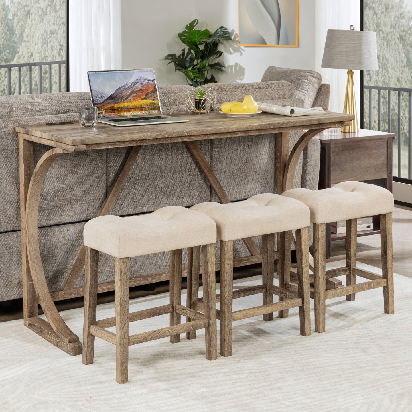 4 - Piece Bar Table Set with Power Outlet | Rustic Brown Dining Table & 3 Stools - 1st Choice Furniture Direct
