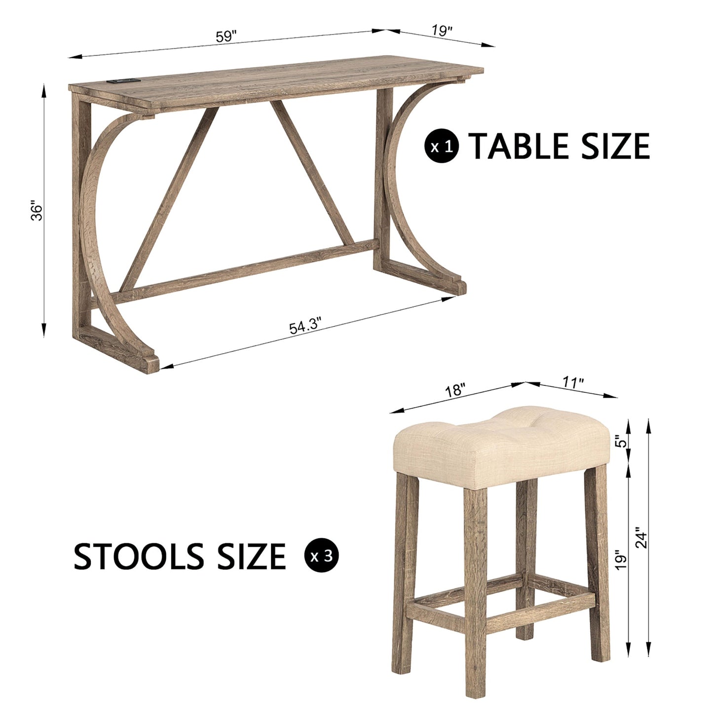 4 - Piece Bar Table Set with Power Outlet | Rustic Brown Dining Table & 3 Stools - 1st Choice Furniture Direct