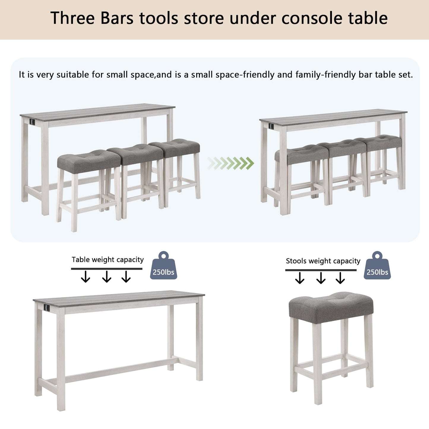 4 - Piece Bar Table Set with Power Outlet | White & Grey Sofa Table with 3 Stools - 1st Choice Furniture Direct