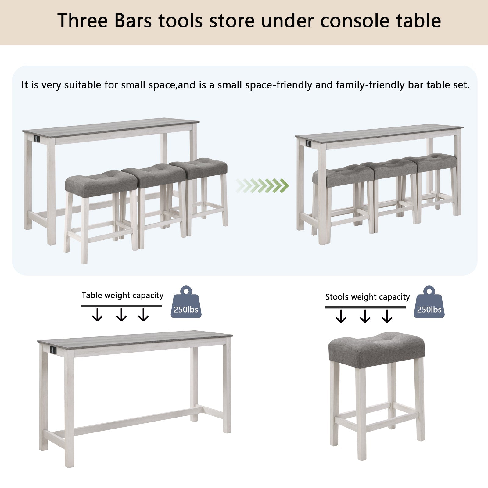 4 - Piece Bar Table Set with Power Outlet | White & Grey Sofa Table with 3 Stools - 1st Choice Furniture Direct