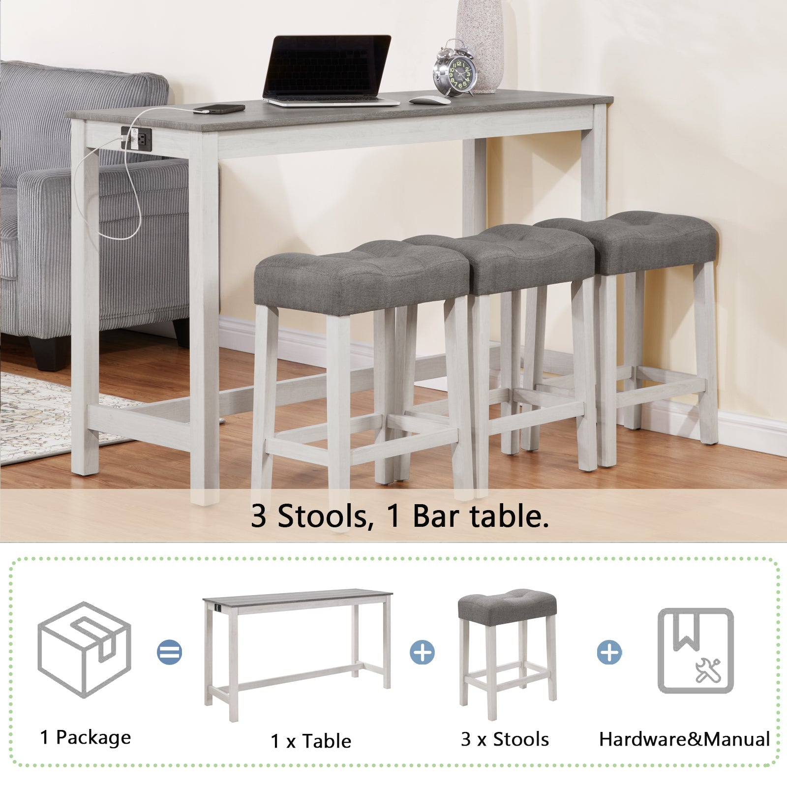 4 - Piece Bar Table Set with Power Outlet | White & Grey Sofa Table with 3 Stools - 1st Choice Furniture Direct