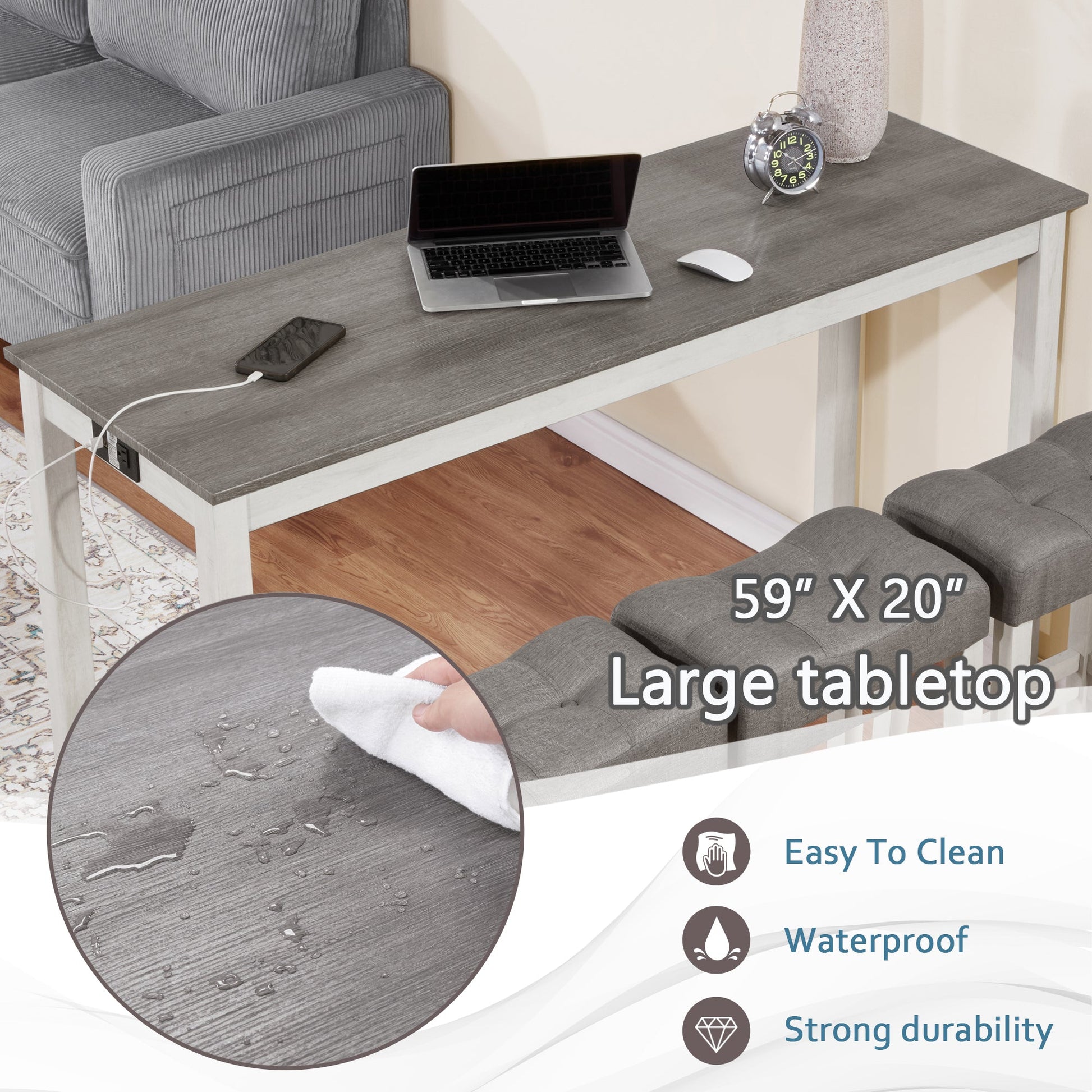 4 - Piece Bar Table Set with Power Outlet | White & Grey Sofa Table with 3 Stools - 1st Choice Furniture Direct