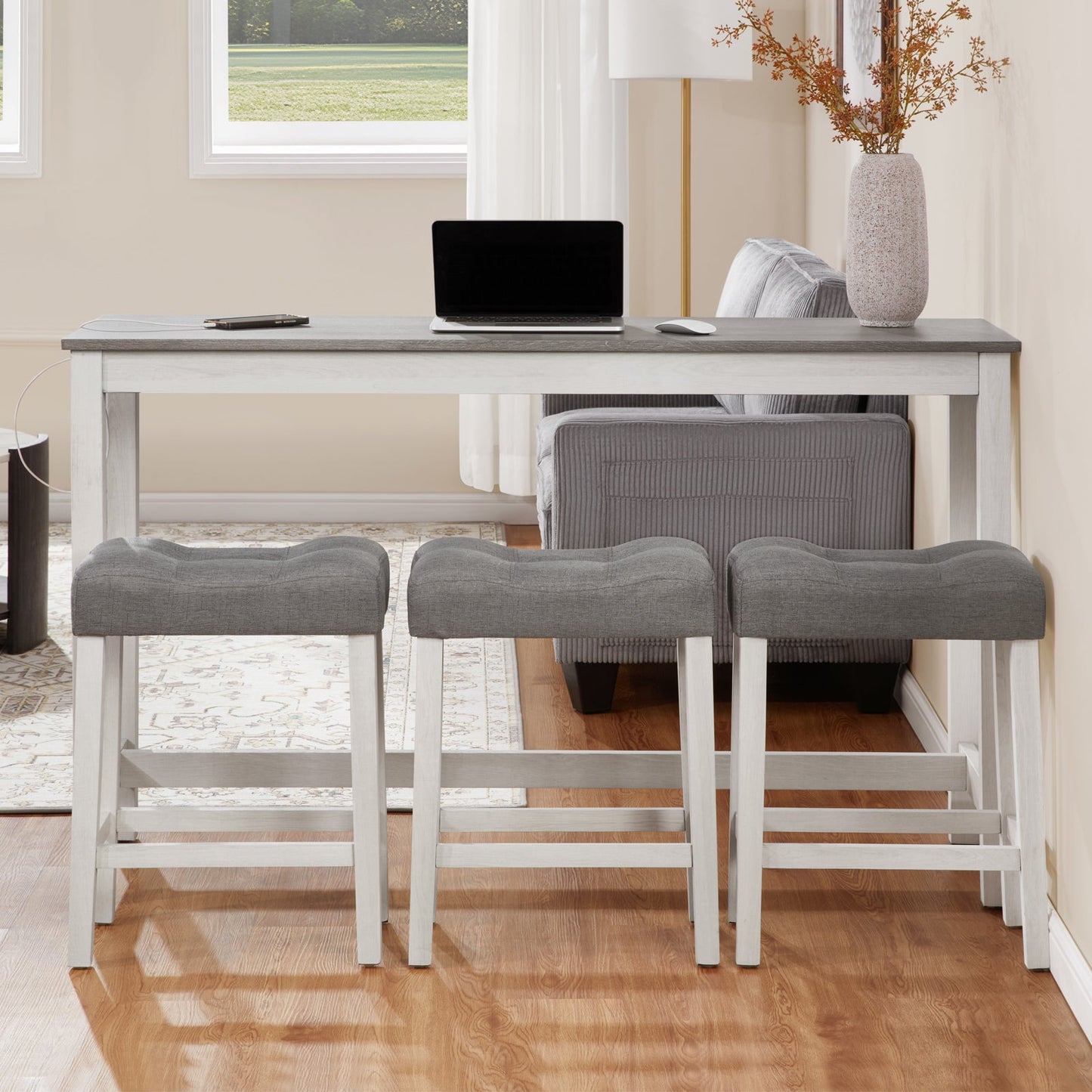4 - Piece Bar Table Set with Power Outlet | White & Grey Sofa Table with 3 Stools - 1st Choice Furniture Direct