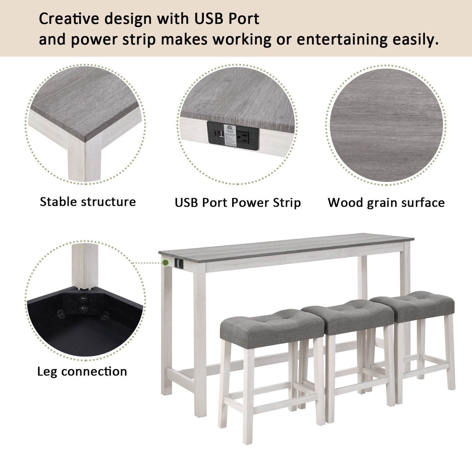 4 - Piece Bar Table Set with Power Outlet | White & Grey Sofa Table with 3 Stools - 1st Choice Furniture Direct