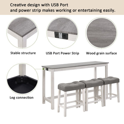 4 - Piece Bar Table Set with Power Outlet | White & Grey Sofa Table with 3 Stools - 1st Choice Furniture Direct