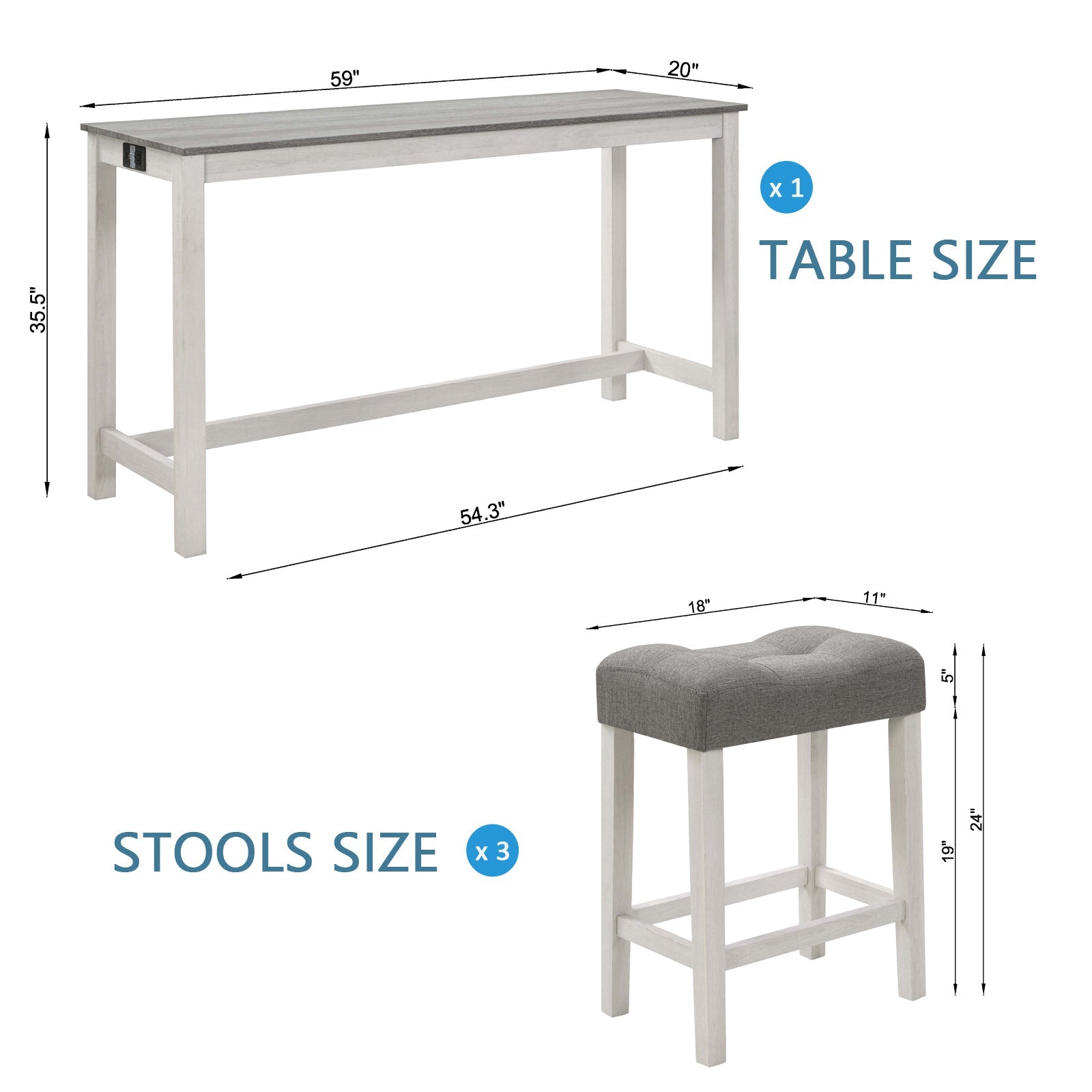 4 - Piece Bar Table Set with Power Outlet | White & Grey Sofa Table with 3 Stools - 1st Choice Furniture Direct