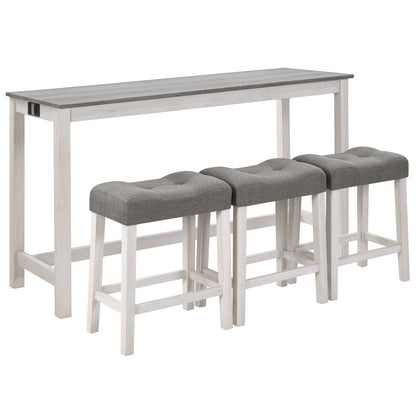 4 - Piece Bar Table Set with Power Outlet | White & Grey Sofa Table with 3 Stools - 1st Choice Furniture Direct